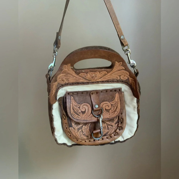 Leather vintage 70’s purse handtooled bag crossbody canvas hippie boho western - Picture 1 of 10